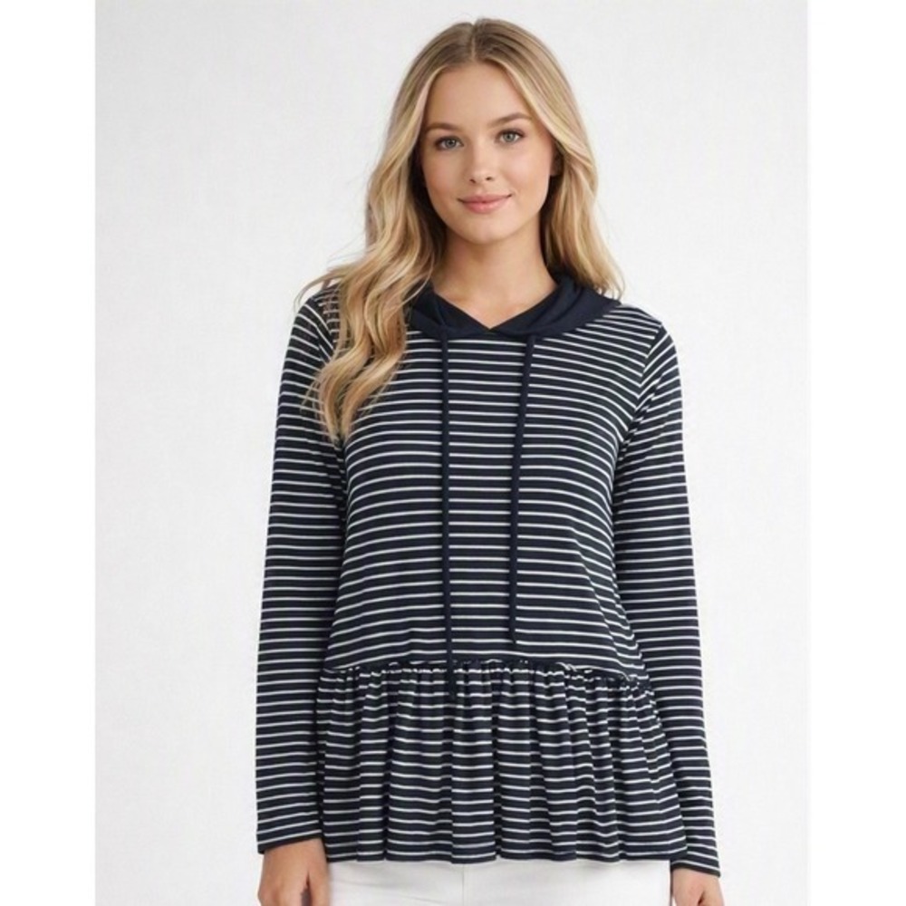 Navy & White Striped Pullover Top Hoodie Peplum Hem Small
